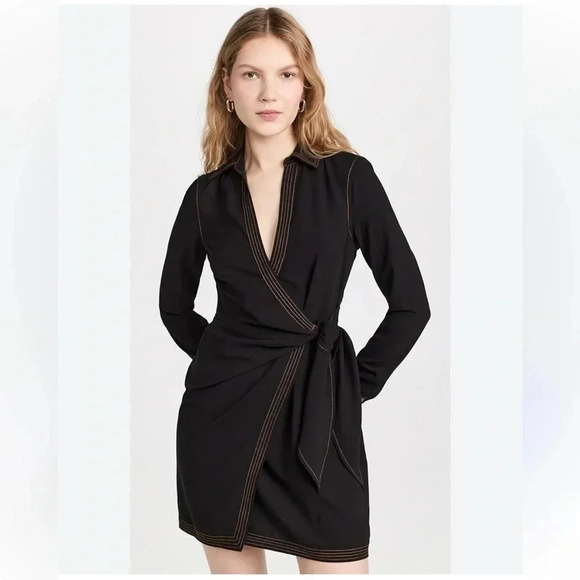 Veronica Beard Lavella V-Neck Long Sleeve Collared Mini Wrap Dress in Black - Picture 1 of 14